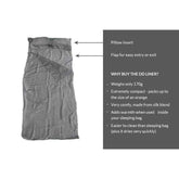 DD Hammocks Silk Sleeper features, including pillow insert, lightweight silk blend, and compact design.